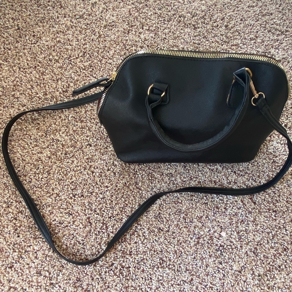Black faux leather purse gold accents crossbody shoulder bag bag with handles